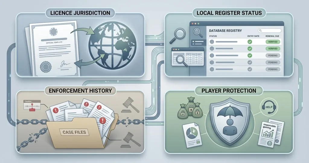 Editorial illustration comparing an offshore casino licence, Australian register status, ACMA enforcement and player protection scope