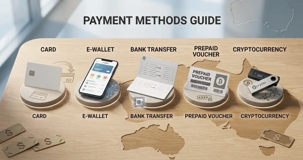 Editorial payment-method matrix showing cards, e-wallets, bank transfer, vouchers and cryptocurrency with Australian-dollar context