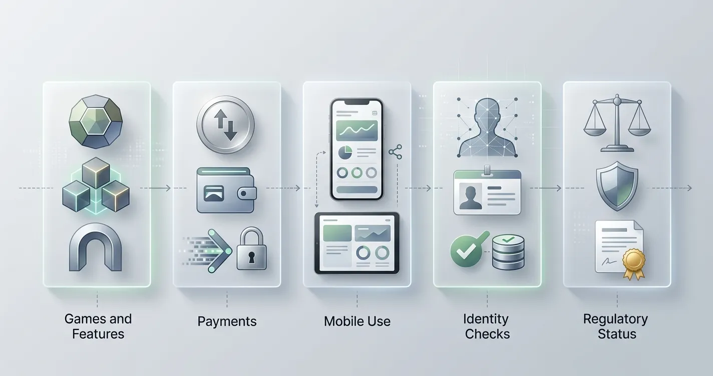 Editorial comparison illustration covering casino features, payments, mobile access, KYC and Australian regulatory status