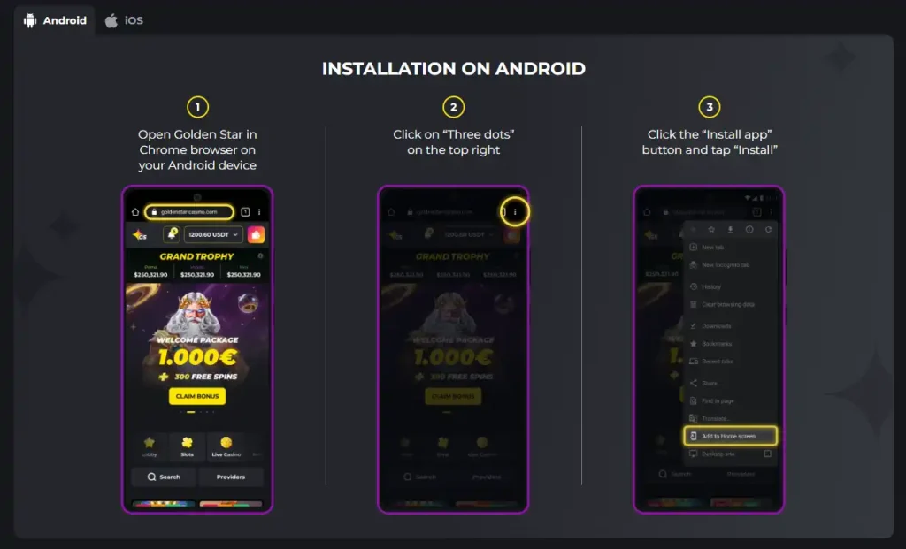 Golden Star official install-app page showing Android and iOS-labelled browser installation instructions