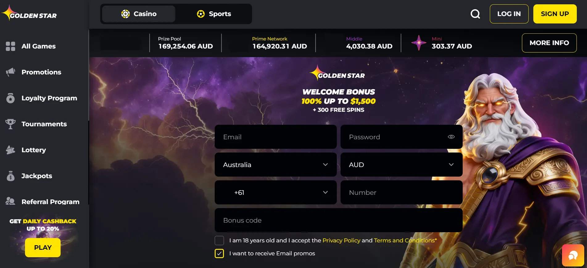 Current Golden Star English-Australia homepage showing localisation and casino navigation