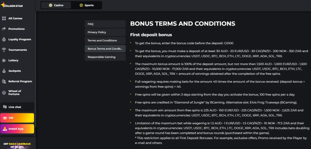 Golden Star bonus terms showing the GS100 first-deposit offer and Australian dollar values