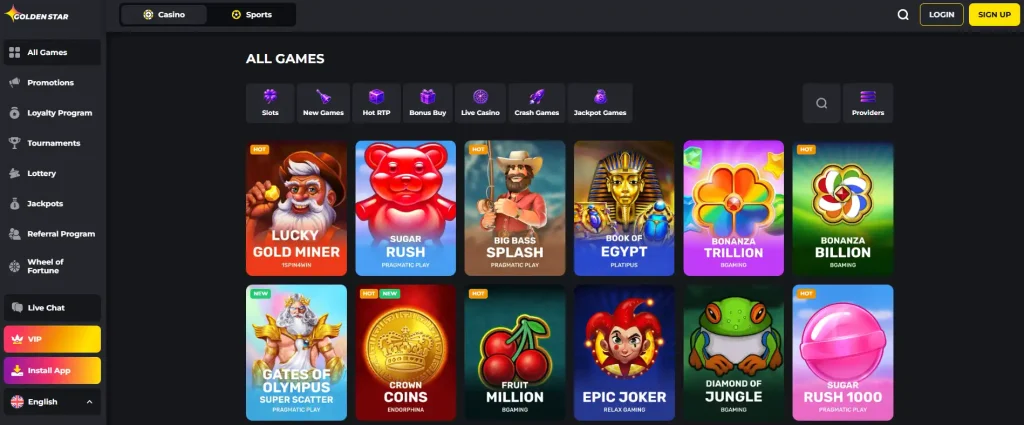 Golden Star casino lobby with slots, live casino, crash games and jackpot games navigation