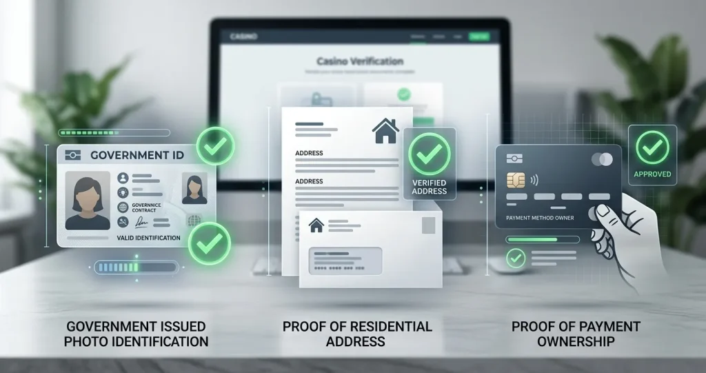 Privacy-safe editorial illustration of Golden Star KYC document categories including photo ID, proof of address and payment ownership