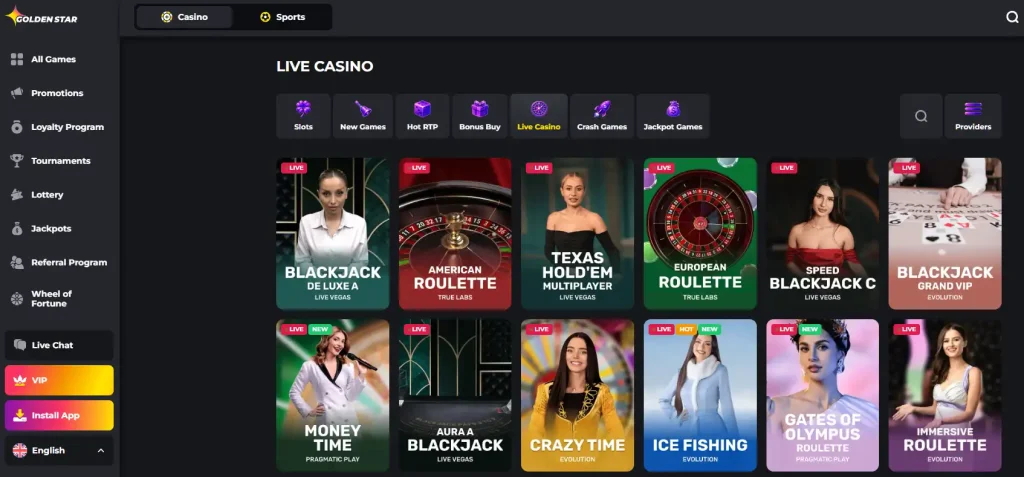Golden Star Live Casino lobby with live roulette, blackjack and poker-style game tiles