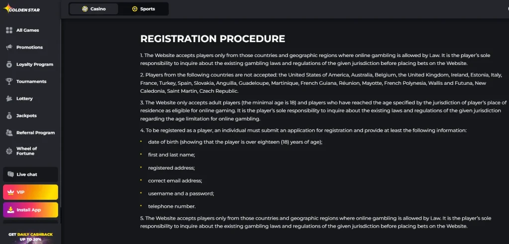 Golden Star official Registration Procedure page showing English-Australia presentation and the current country restriction text