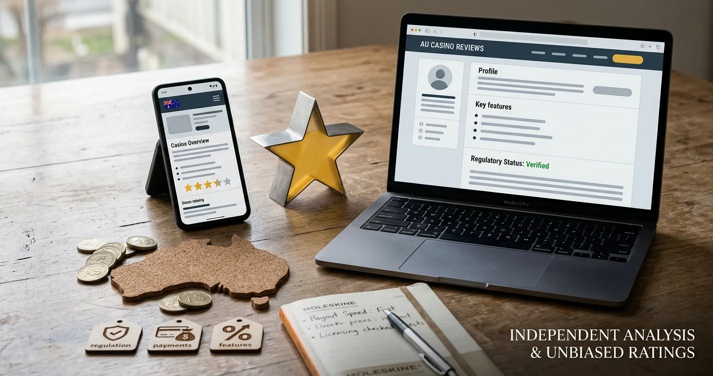 Editorial illustration for an Australian review of Golden Star Casino with abstract star, mobile, desktop and AUD evaluation cues