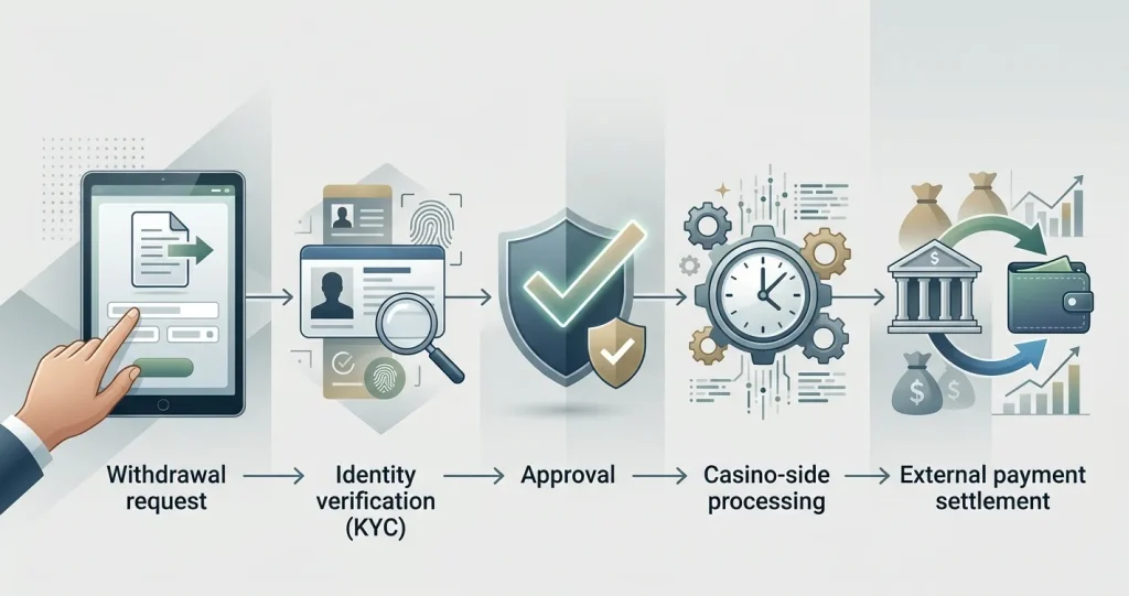Editorial diagram of a withdrawal moving from request through KYC, approval, casino processing and payment settlement